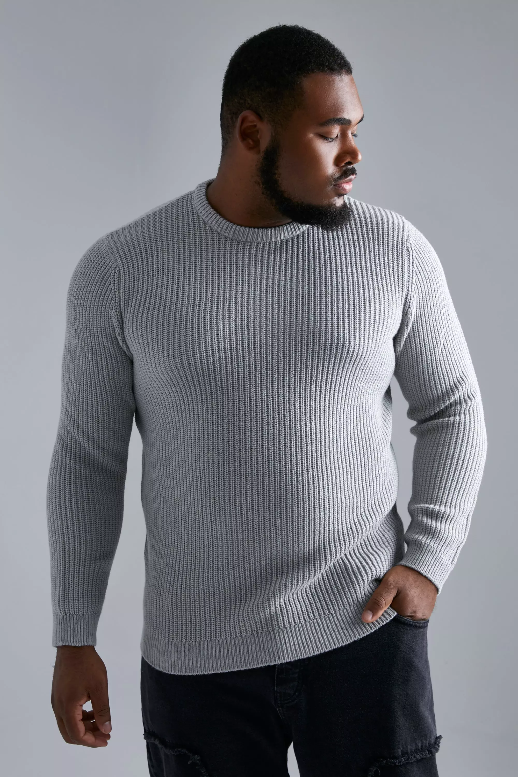 Plus Crew Neck Fisherman Knit Jumper boohooMAN